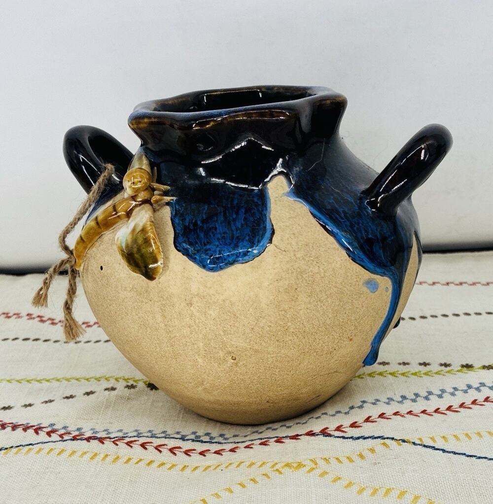 Vintage Art Pottery Vase With Dragonfly. Drip Glaze of Blues and Purples
